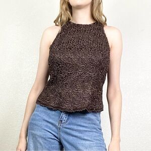 Carmen Marc Valvo Brown Floral Beaded Sleeveless Top